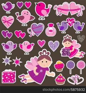 Stickers with birds, hearts and fairies. Scrapbook. Vector illustration