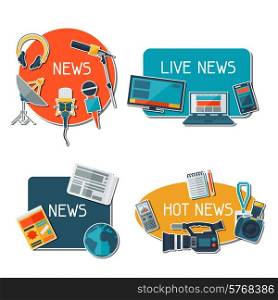 Stickers with journalism icons. Mass media and press conference concept symbols in flat style.