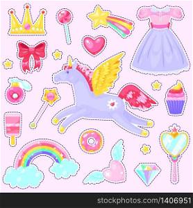 Stickers with unicorn,hearts,dress,candy, clouds, rainbow and other elements on pink background.