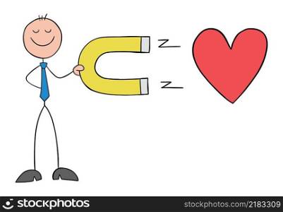 Stickman businessman attracts heart, love or health with magnet. Hand drawn outline cartoon vector illustration.