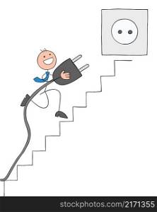 Stickman businessman carries the plug to the socket at the top of the stairs. Hand drawn outline cartoon vector illustration.