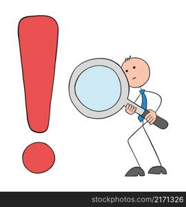 Stickman businessman examines exclamation mark danger with magnifying glass. Hand drawn outline cartoon vector illustration.
