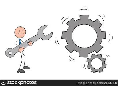 Stickman businessman fixed spinning gears, holding wrench. Hand drawn outline cartoon vector illustration.