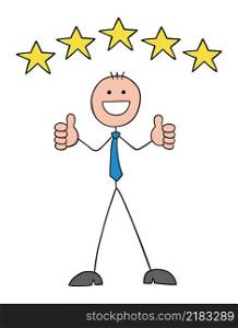 Stickman businessman happy and gives 5 stars to the service or product he receives as a customer and shows thumbs up. Hand drawn outline cartoon vector illustration.