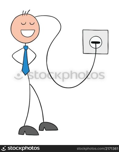 Stickman businessman has a wire in his head and is charging his brain. Hand drawn outline cartoon vector illustration.