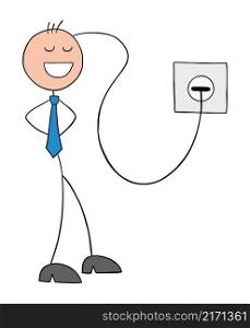 Stickman businessman has a wire in his head and is charging his brain. Hand drawn outline cartoon vector illustration.