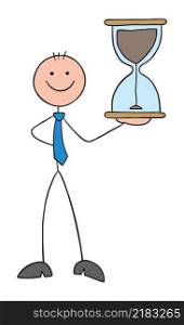 Stickman businessman holding beginning hourglass and smiling. Hand drawn outline cartoon vector illustration.