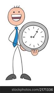 Stickman businessman holding clock and very happy. Hand drawn outline cartoon vector illustration.