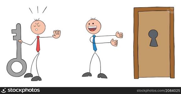 Stickman businessman holds the key and the other stickman businessman asks him to unlock the door with that key, but he refuses. Hand drawn outline cartoon vector illustration.