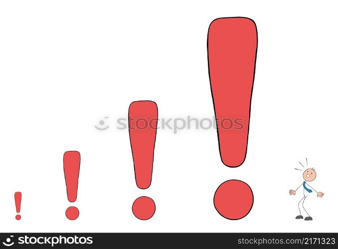 Stickman businessman is afraid of ever growing exclamation marks, dangers. Hand drawn outline cartoon vector illustration.