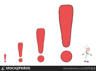 Stickman businessman is afraid of ever growing exclamation marks, dangers. Hand drawn outline cartoon vector illustration.