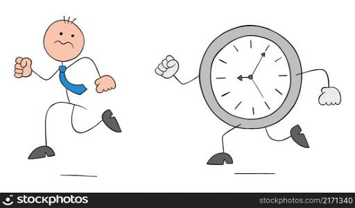 Stickman businessman is afraid of the clock and runs away. Hand drawn outline cartoon vector illustration.