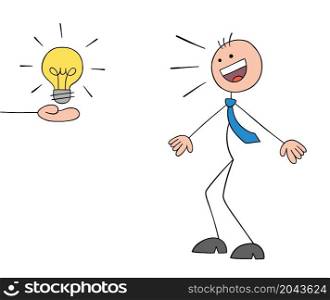 Stickman businessman is given the idea and is very happy. Hand drawn outline cartoon vector illustration.