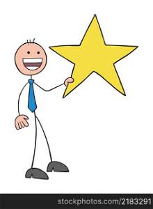 Stickman businessman is happy and holding big star. Hand drawn outline cartoon vector illustration.