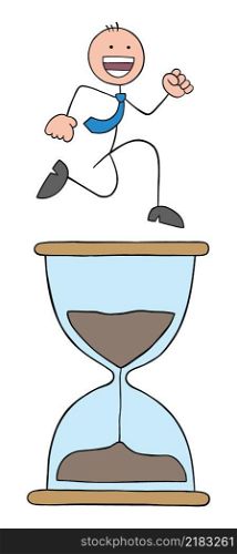 Stickman businessman is happy, energetic and running on the big hourglass. Hand drawn outline cartoon vector illustration.
