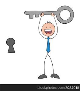 Stickman businessman is holding the key and is very happy, with the keyhole next to it. Hand drawn outline cartoon vector illustration.
