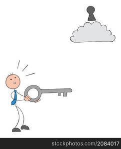 Stickman businessman is holding the key, but the keyhole is in an interesting place, above the cloud, and he is very confused. Hand drawn outline cartoon vector illustration.