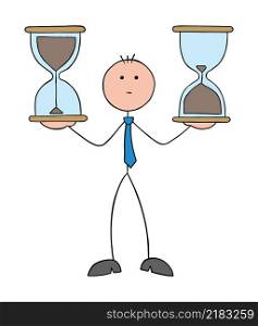 Stickman businessman is holding two hourglasses, beginning and ending. Hand drawn outline cartoon vector illustration.