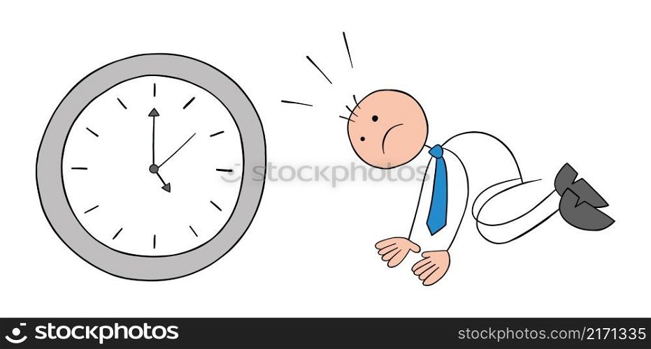 Stickman businessman is on his knees before the clock and is devastated. It&rsquo;s late. Hand drawn outline cartoon vector illustration.