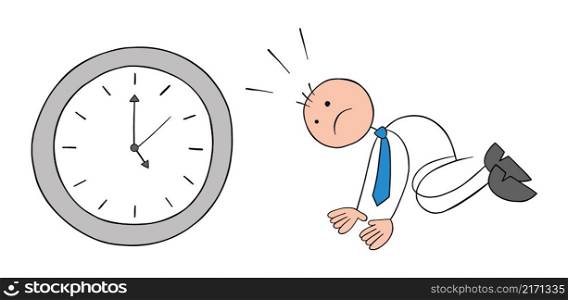 Stickman businessman is on his knees before the clock and is devastated. It&rsquo;s late. Hand drawn outline cartoon vector illustration.