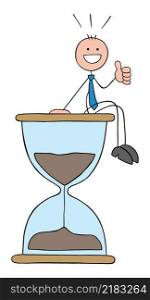 Stickman businessman is sitting on the big hourglass, very happy and giving thumbs up. Hand drawn outline cartoon vector illustration.