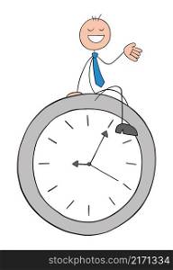 Stickman businessman is sitting on the clock and is very happy. Hand drawn outline cartoon vector illustration.
