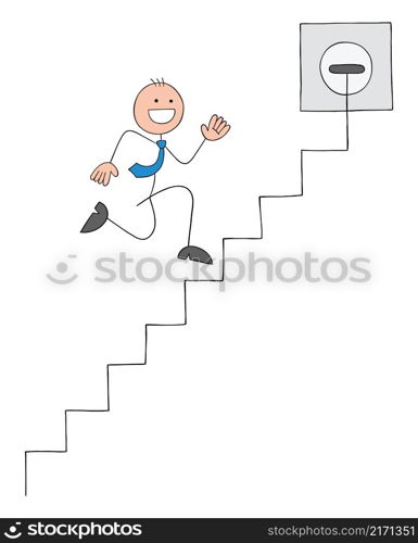 Stickman businessman is trying to reach the top by running on cable stairs. Hand drawn outline cartoon vector illustration.