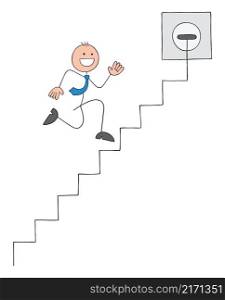 Stickman businessman is trying to reach the top by running on cable stairs. Hand drawn outline cartoon vector illustration.