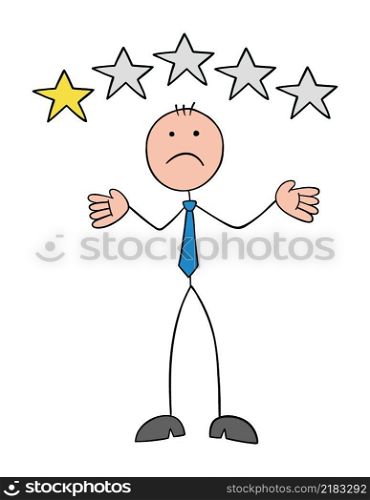 Stickman businessman is unhappy with the service or product as a customer and gives 1 star. Hand drawn outline cartoon vector illustration.