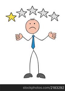 Stickman businessman is unhappy with the service or product as a customer and gives 1 star. Hand drawn outline cartoon vector illustration.
