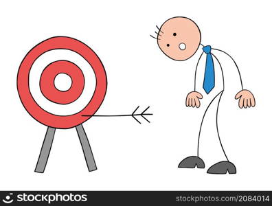 Stickman businessman is very confused as he failed to hit the target. Hand drawn outline cartoon vector illustration.