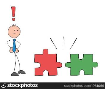 Stickman businessman looks at mismatched puzzle pieces and is confused. Hand drawn outline cartoon vector illustration.