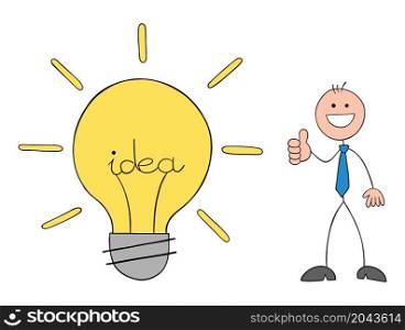 Stickman businessman man with idea light bulb, like it and giving thumbs-up. Hand drawn outline cartoon vector illustration.