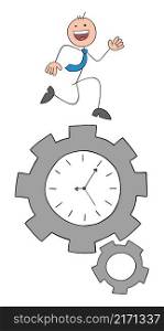 Stickman businessman running on spinning gears with clock and happy. Hand drawn outline cartoon vector illustration.