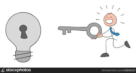 Stickman businessman runs to unlock the light bulb idea carrying the key and is very happy. Hand drawn outline cartoon vector illustration.