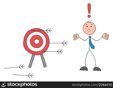 Stickman businessman shot at the bulls eye and none of the arrows hit the target. Hand drawn outline cartoon vector illustration.