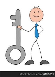 Stickman businessman standing and holding big key. Hand drawn outline cartoon vector illustration.