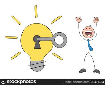 Stickman businessman unlocks the light bulb and is very happy. Hand drawn outline cartoon vector illustration.