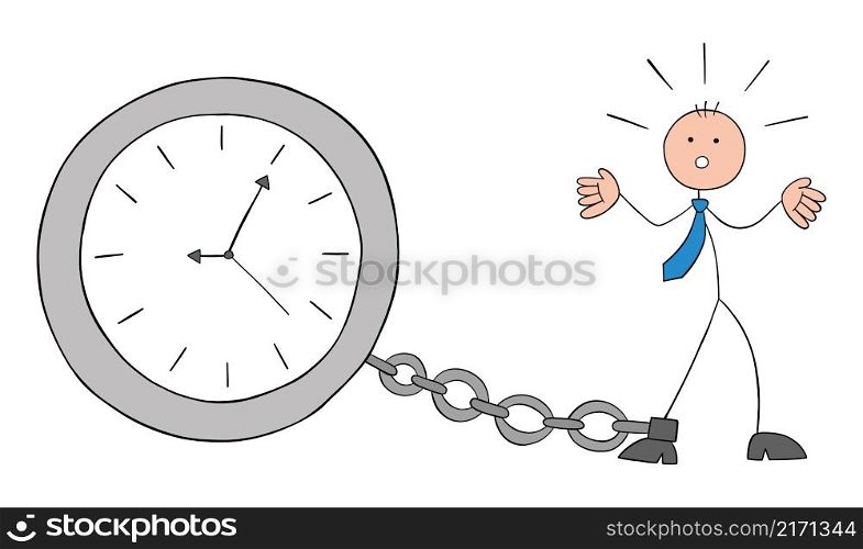 Stickman businessman was tied to the clock with a chain and became a prisoner of time. Hand drawn outline cartoon vector illustration.