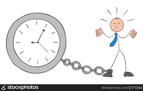 Stickman businessman was tied to the clock with a chain and became a prisoner of time. Hand drawn outline cartoon vector illustration.