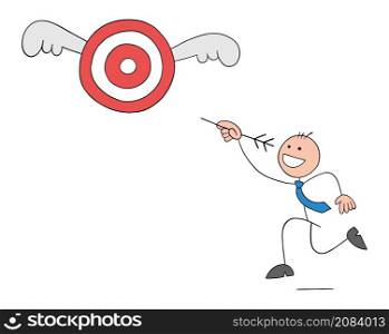 Stickman businessman with arrow in hand chasing winged flying bulls eye to hit the target. Hand drawn outline cartoon vector illustration.