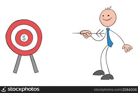 Stickman businessman with bulls eye and dollr symbol in the center and holding an arrow. Hand drawn outline cartoon vector illustration.