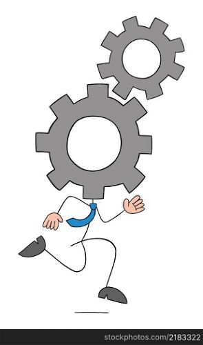 Stickman businessman with spinning gears hand and running. Hand drawn outline cartoon vector illustration.