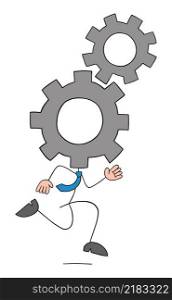 Stickman businessman with spinning gears hand and running. Hand drawn outline cartoon vector illustration.
