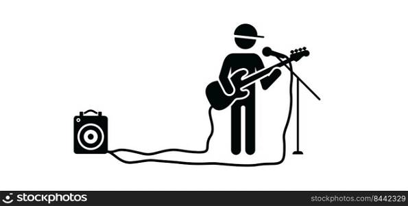 Stickman, stick figure man singer and guitar amplifier. Musician, guitar player or guitaris Cartoon bass, acoustic, rock electric, guitars headstock. Music silhouette Vector guitars icon or logo.