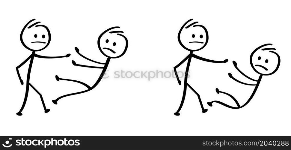 Stickman to fight. Drawing talking cartoon person. Stick figures, jump, run, karate, boxing or training. People fighting