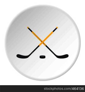 Sticks and puck icon in flat circle isolated vector illustration for web. Sticks and puck icon circle
