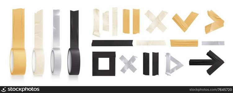 Sticky adhesive tape rolls realistic icon set with different shapes in rolls and torn pieces vector illustration
