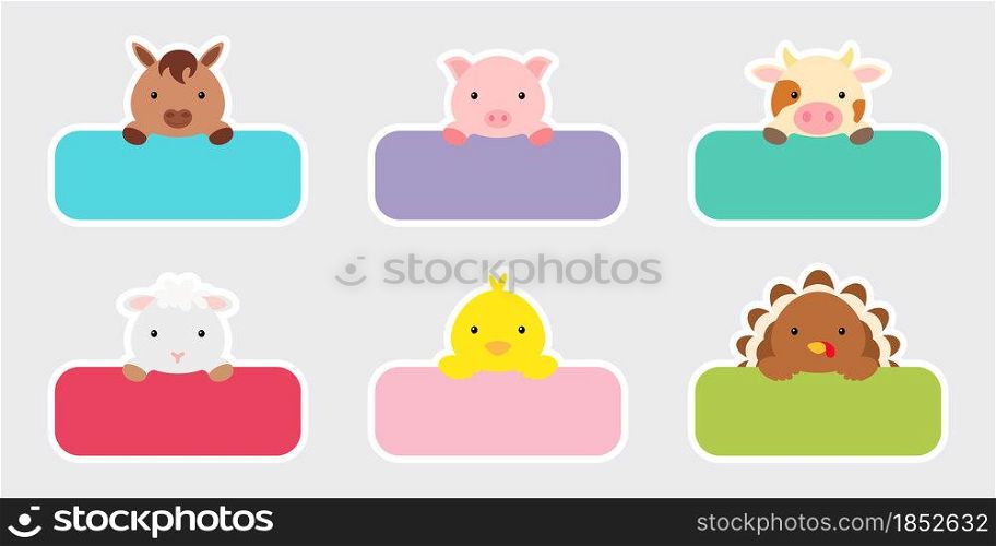 Sticky labels set for baby name. Cute cartoon animals shaped notepads, memo pad, flag markers for office school, scrapbooking, print, cards, baby shower, invitation, decor. Vector stock illustration.