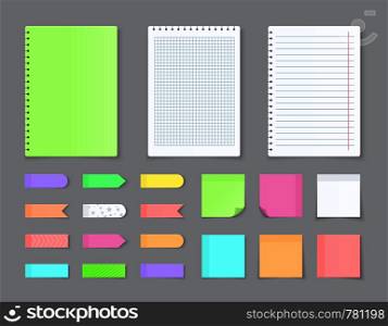 Sticky notebook paper. Adhesive stickers and blank colored sheets with grid squares and lines. Vector empty ripped pages for write message and notes. Sticky notebook paper. Adhesive stickers and blank colored sheets with grid squares and lines. Vector empty ripped pages